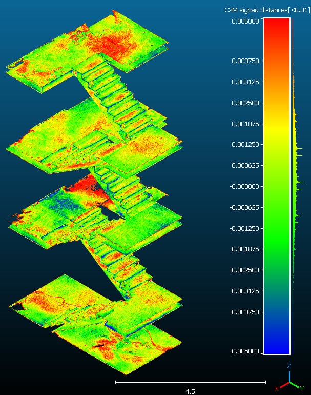 Angled comparison of staircase point cloud and final model