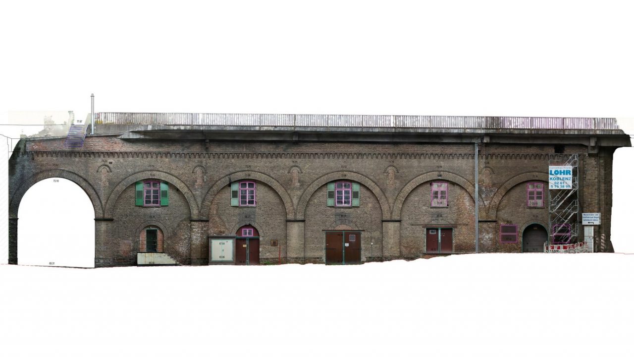 2D drawings of Pfaffendorf Bridge overlaid on orthophoto